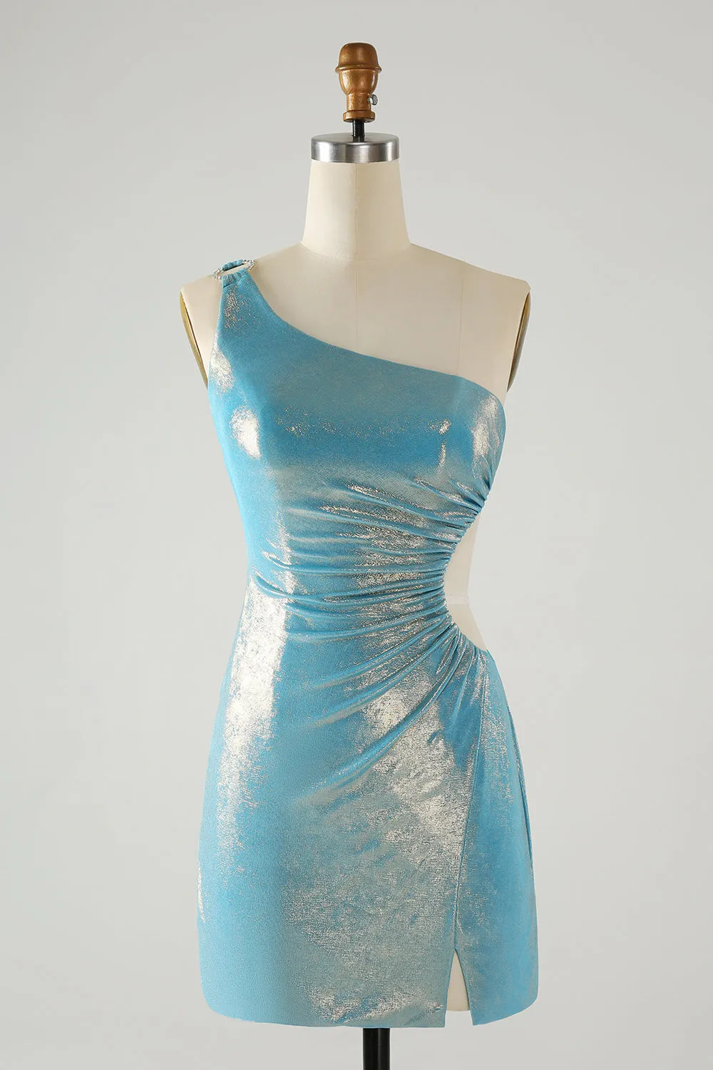 Sparkly Yellow Bodycon One Shoulder Hollow Out Pleated Metallic Homecoming Dress