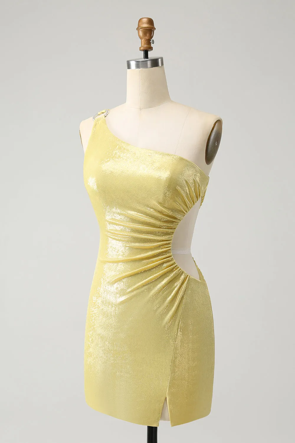 Sparkly Yellow Bodycon One Shoulder Hollow Out Pleated Metallic Homecoming Dress