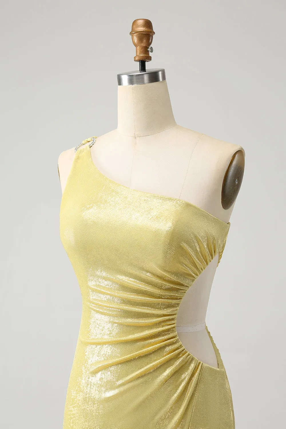 Sparkly Yellow Bodycon One Shoulder Hollow Out Pleated Metallic Homecoming Dress