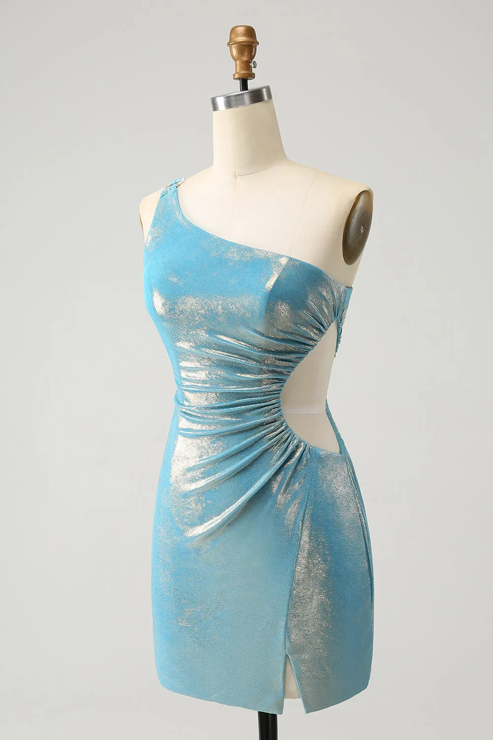 Sparkly Yellow Bodycon One Shoulder Hollow Out Pleated Metallic Homecoming Dress