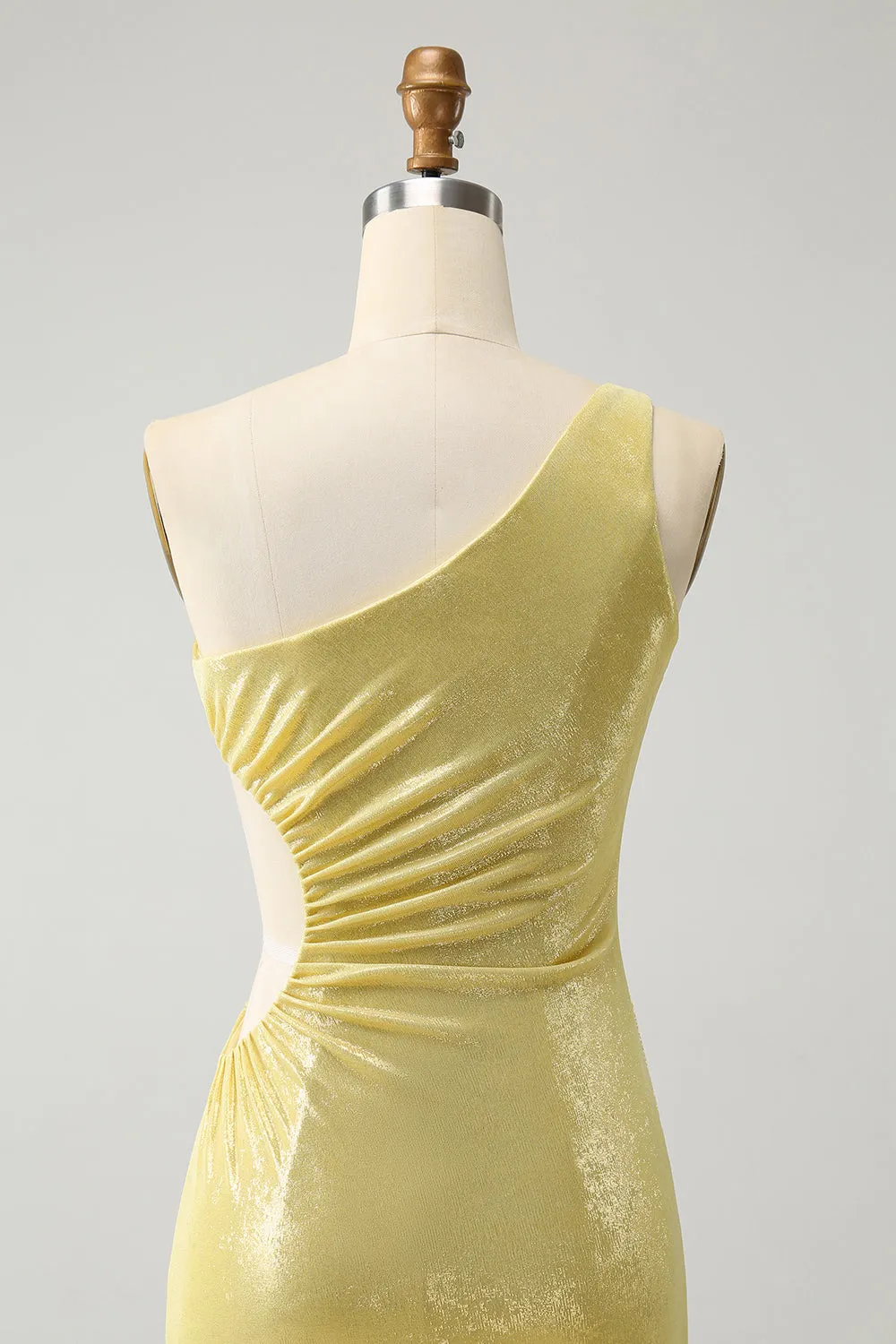 Sparkly Yellow Bodycon One Shoulder Hollow Out Pleated Metallic Homecoming Dress