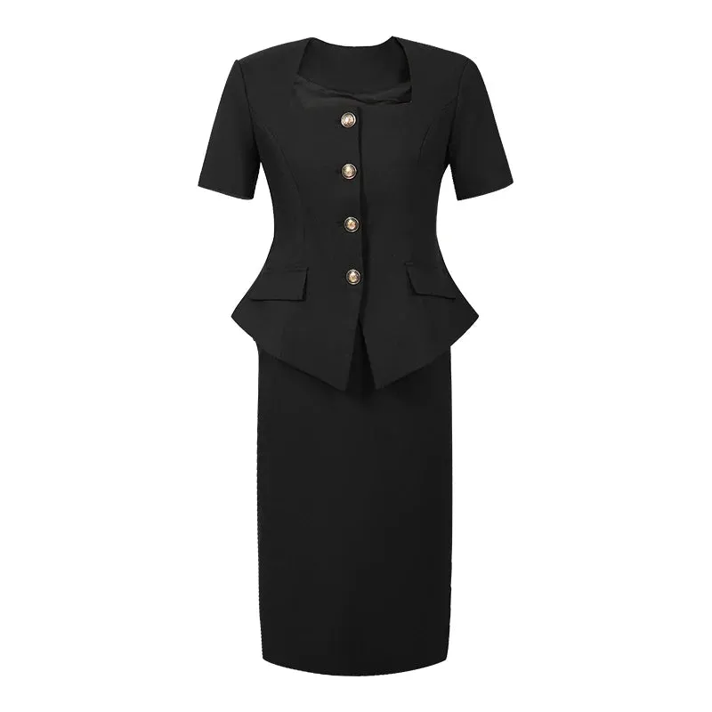 Trend4us Elegant Buttoned Blazer Skirt Set