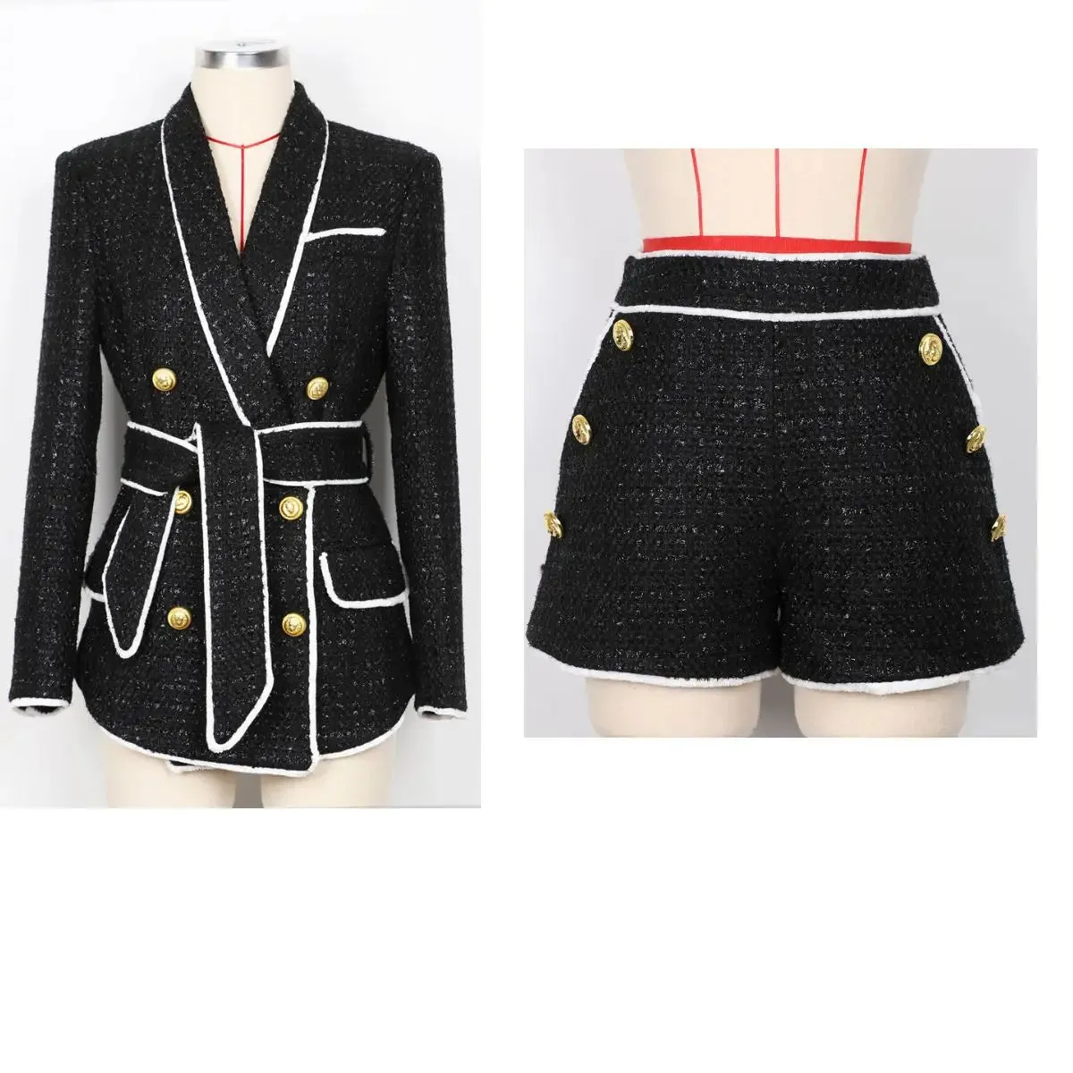 Trend4us Women’s Chic Tweed Double-Breasted Blazer Set