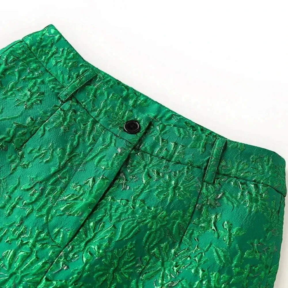 Trend4us Women's Luxury Green Embossed Blazer Pants Set