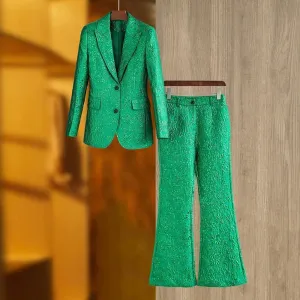 Trend4us Women's Luxury Green Embossed Blazer Pants Set