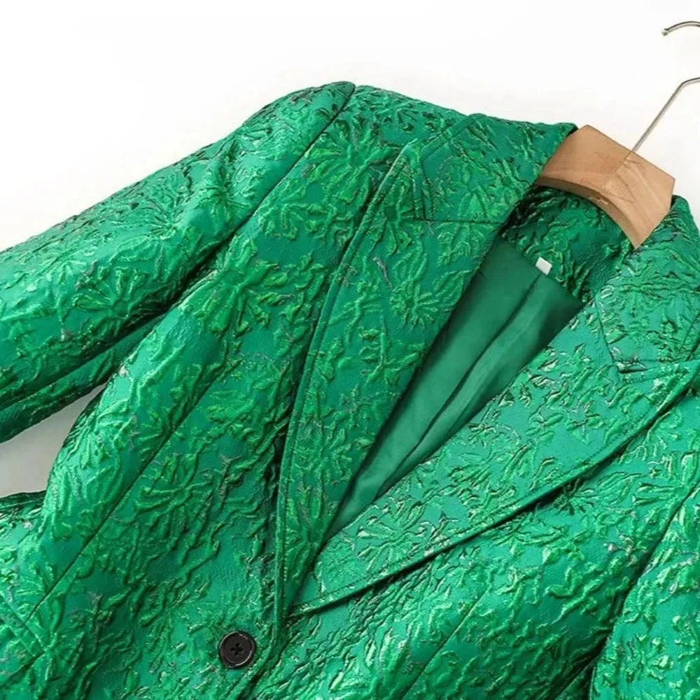 Trend4us Women's Luxury Green Embossed Blazer Pants Set
