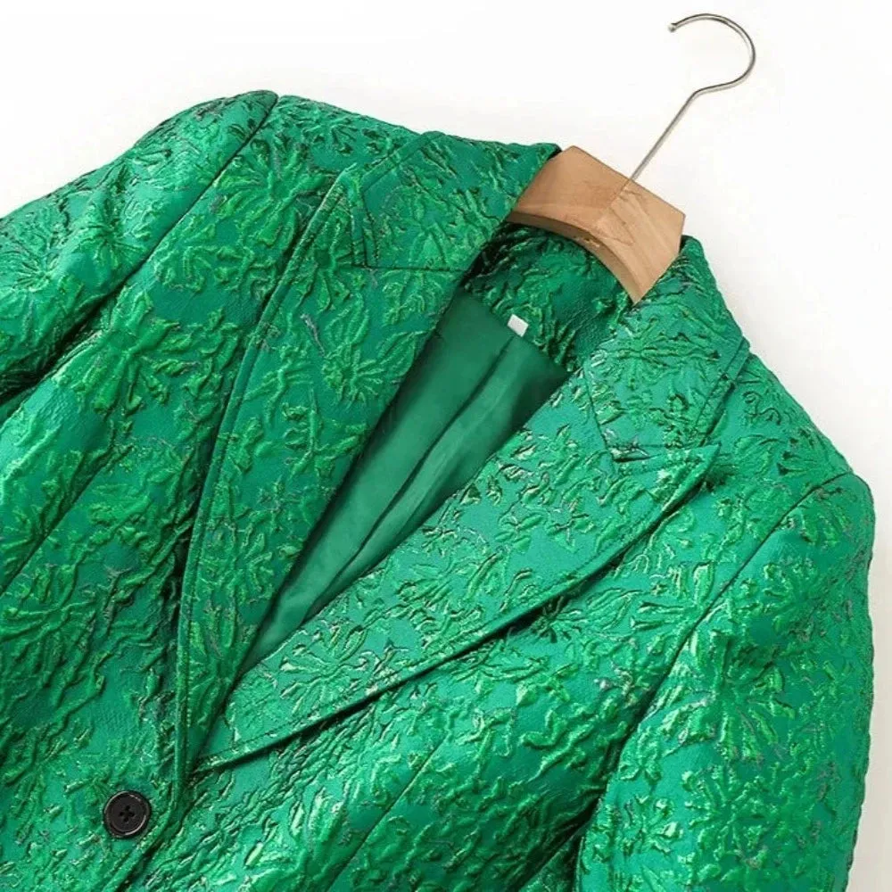 Trend4us Women's Luxury Green Embossed Blazer Pants Set