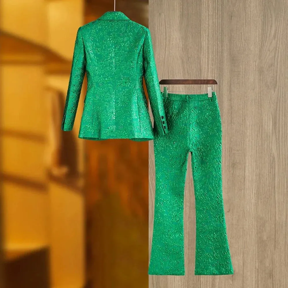 Trend4us Women's Luxury Green Embossed Blazer Pants Set