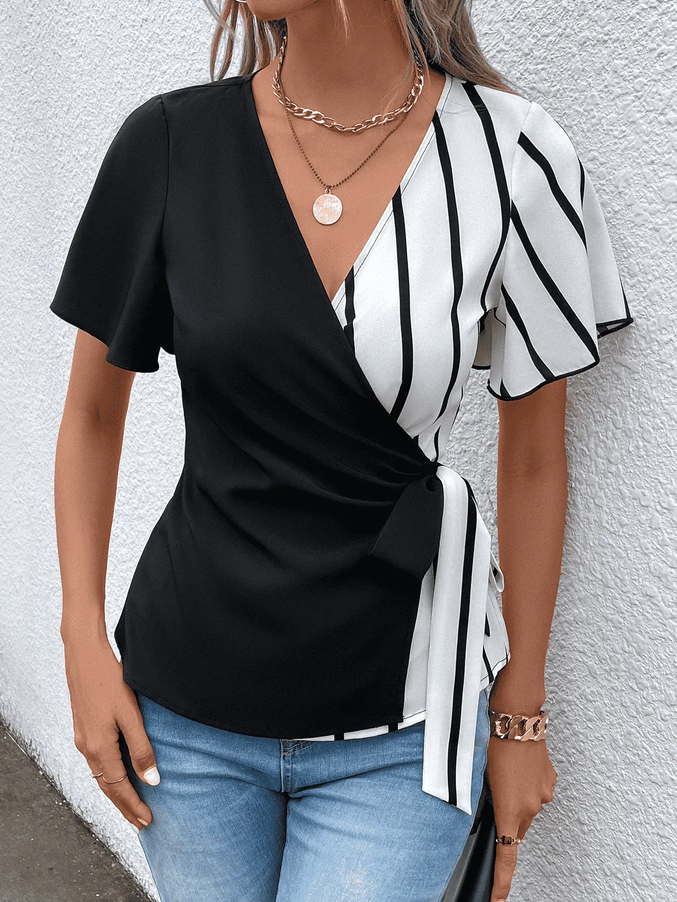 Waist Tie Flutter Sleeve Blouse