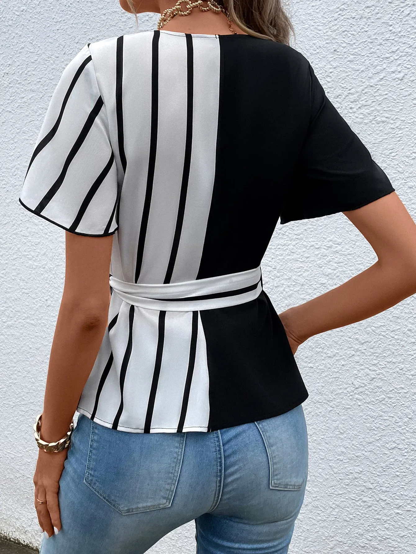 Waist Tie Flutter Sleeve Blouse