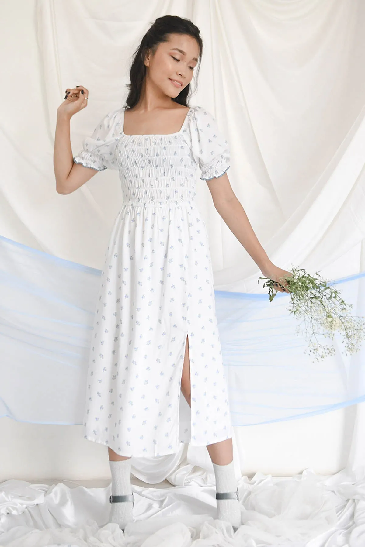 White Cotton Rose Print Dress
