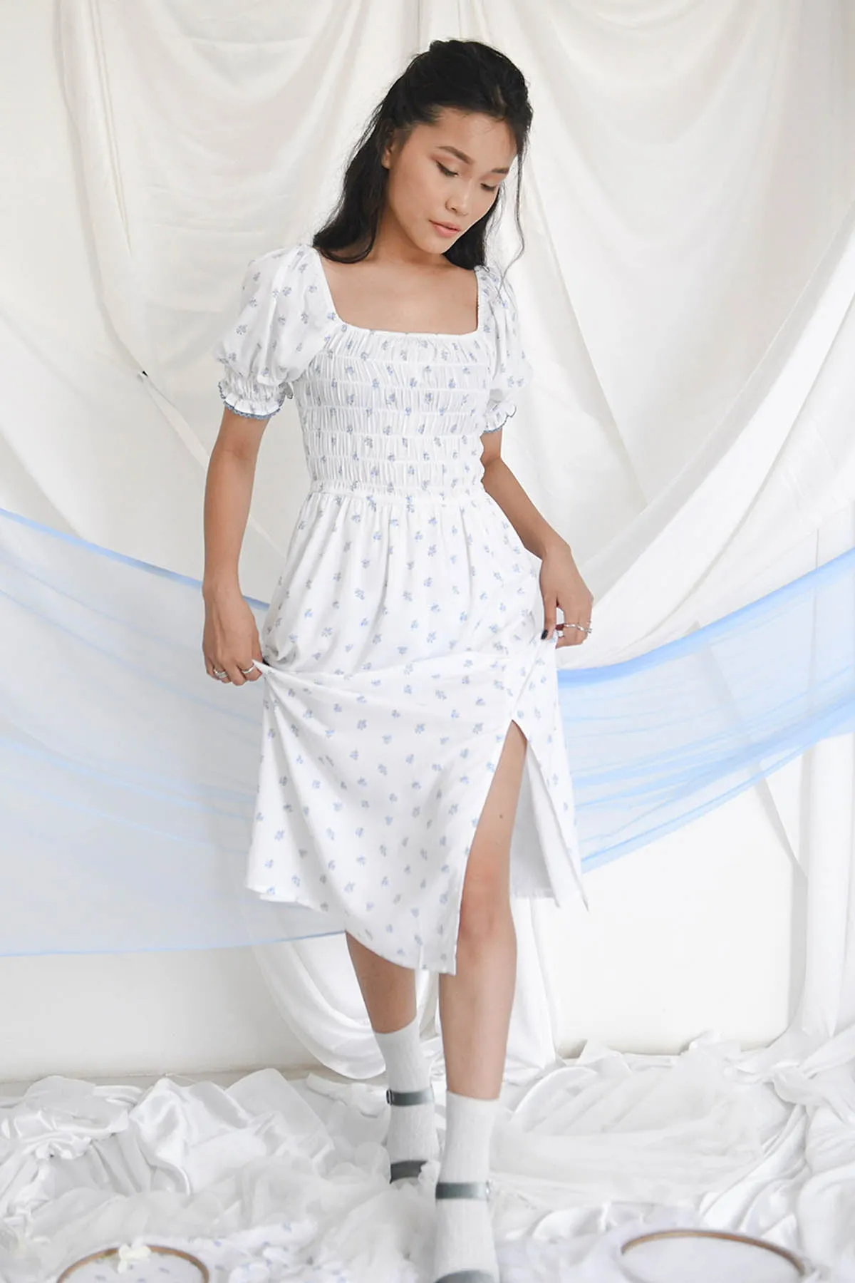 White Cotton Rose Print Dress