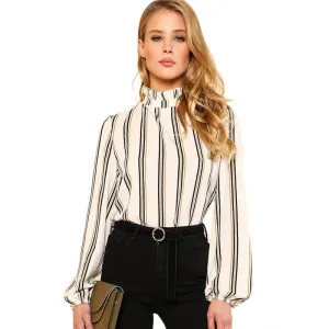 White Striped Stand Collar Elegant Office Ladies Workwear  Blouse