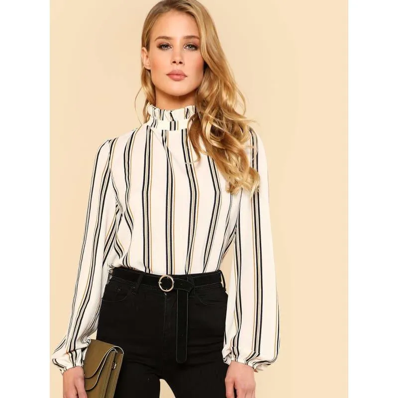 White Striped Stand Collar Elegant Office Ladies Workwear  Blouse