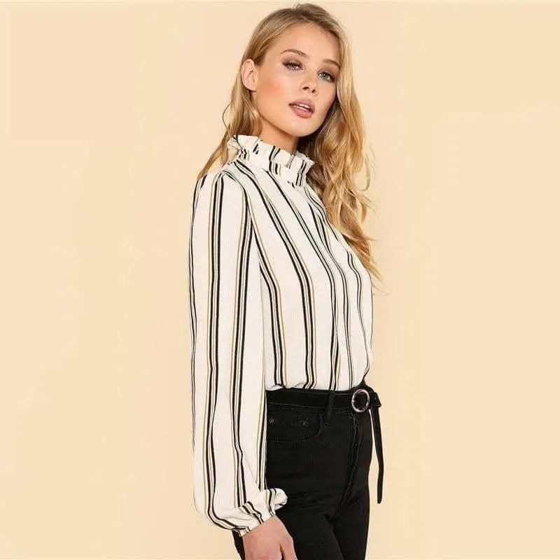 White Striped Stand Collar Elegant Office Ladies Workwear  Blouse