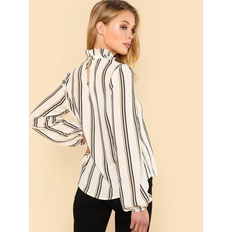 White Striped Stand Collar Elegant Office Ladies Workwear  Blouse