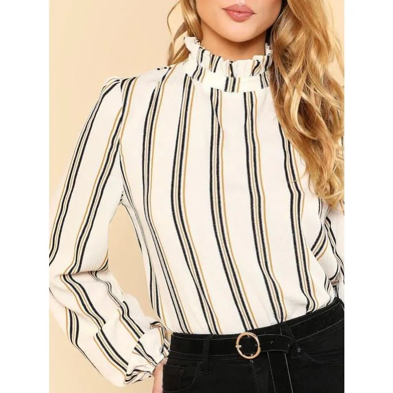 White Striped Stand Collar Elegant Office Ladies Workwear  Blouse