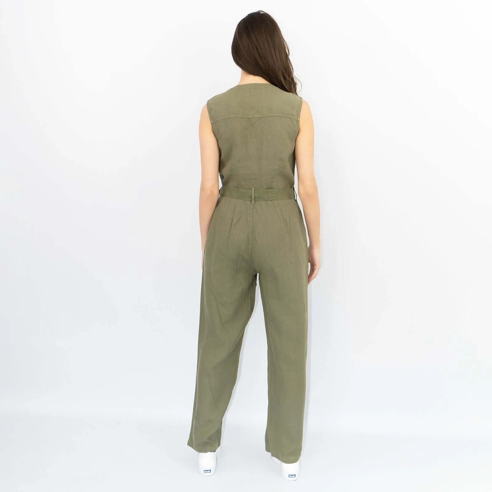 White Stuff Sleeveless Khaki Linen Wide Leg Summer Jumpsuit