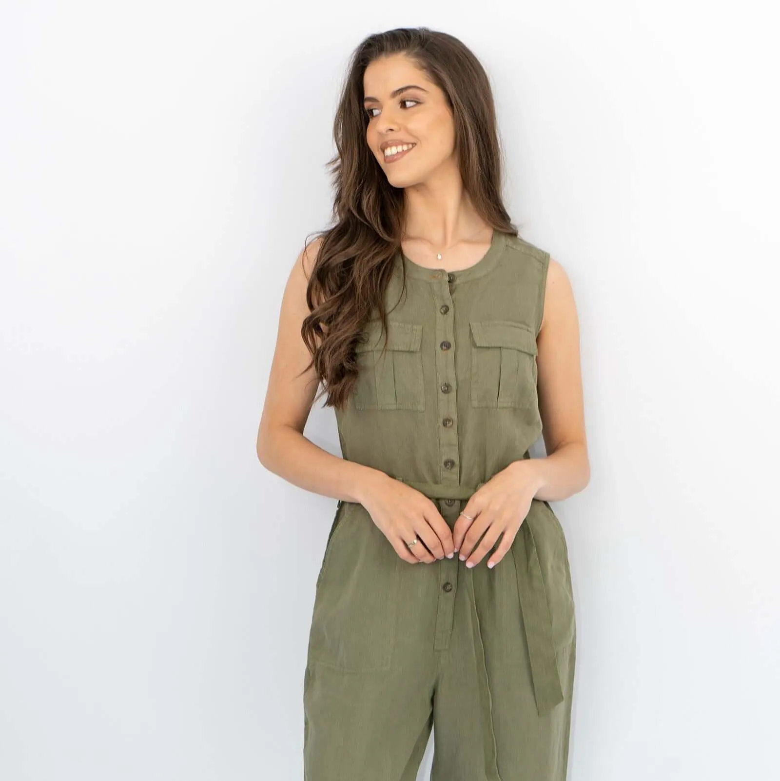 White Stuff Sleeveless Khaki Linen Wide Leg Summer Jumpsuit