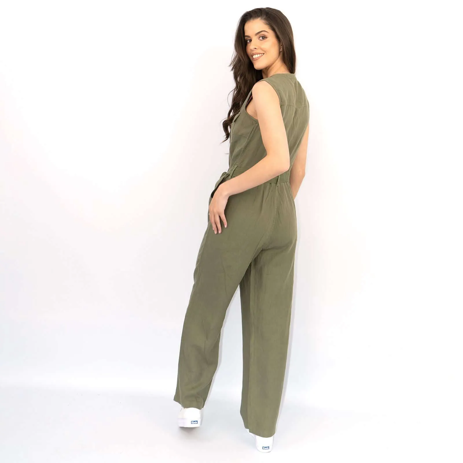 White Stuff Sleeveless Khaki Linen Wide Leg Summer Jumpsuit