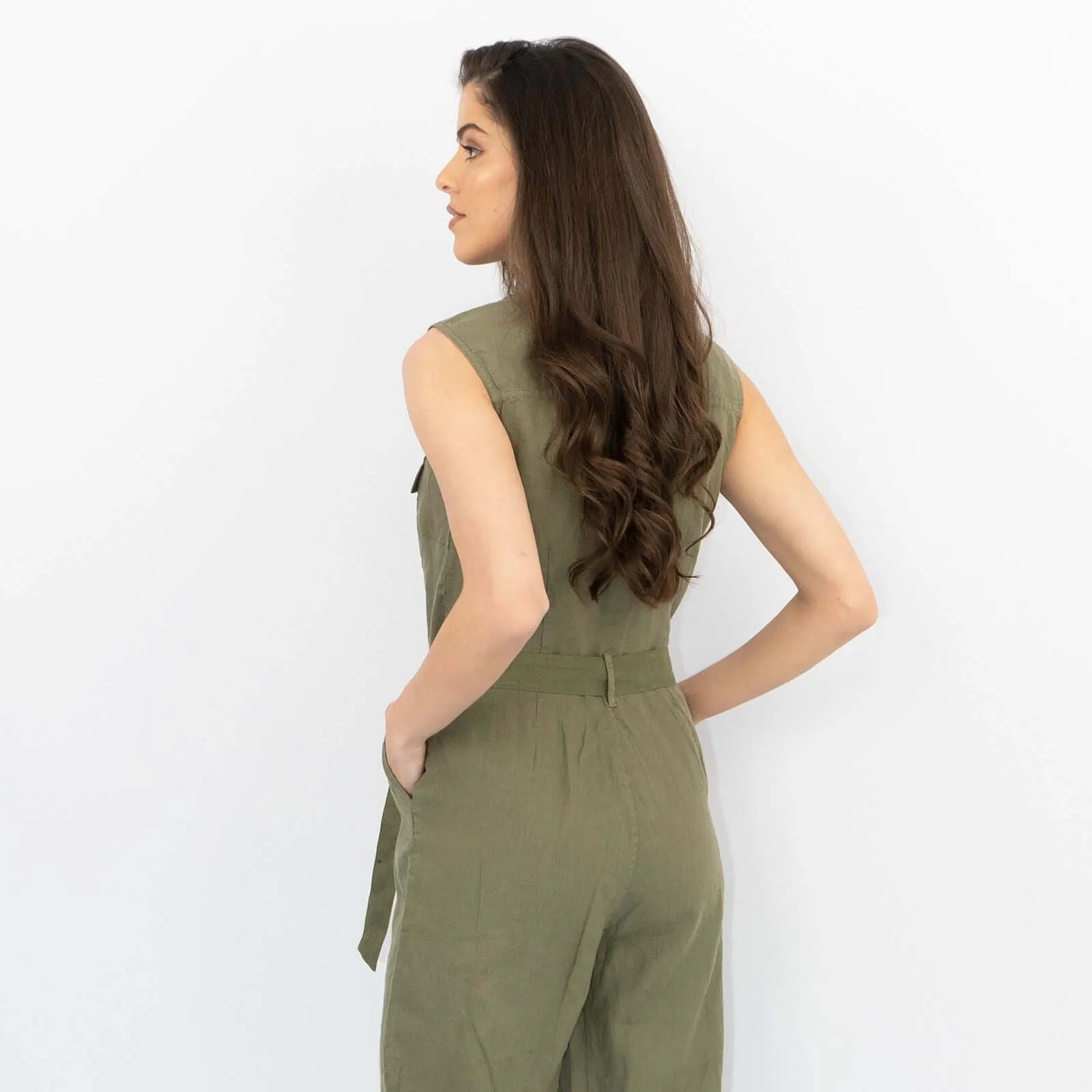 White Stuff Sleeveless Khaki Linen Wide Leg Summer Jumpsuit