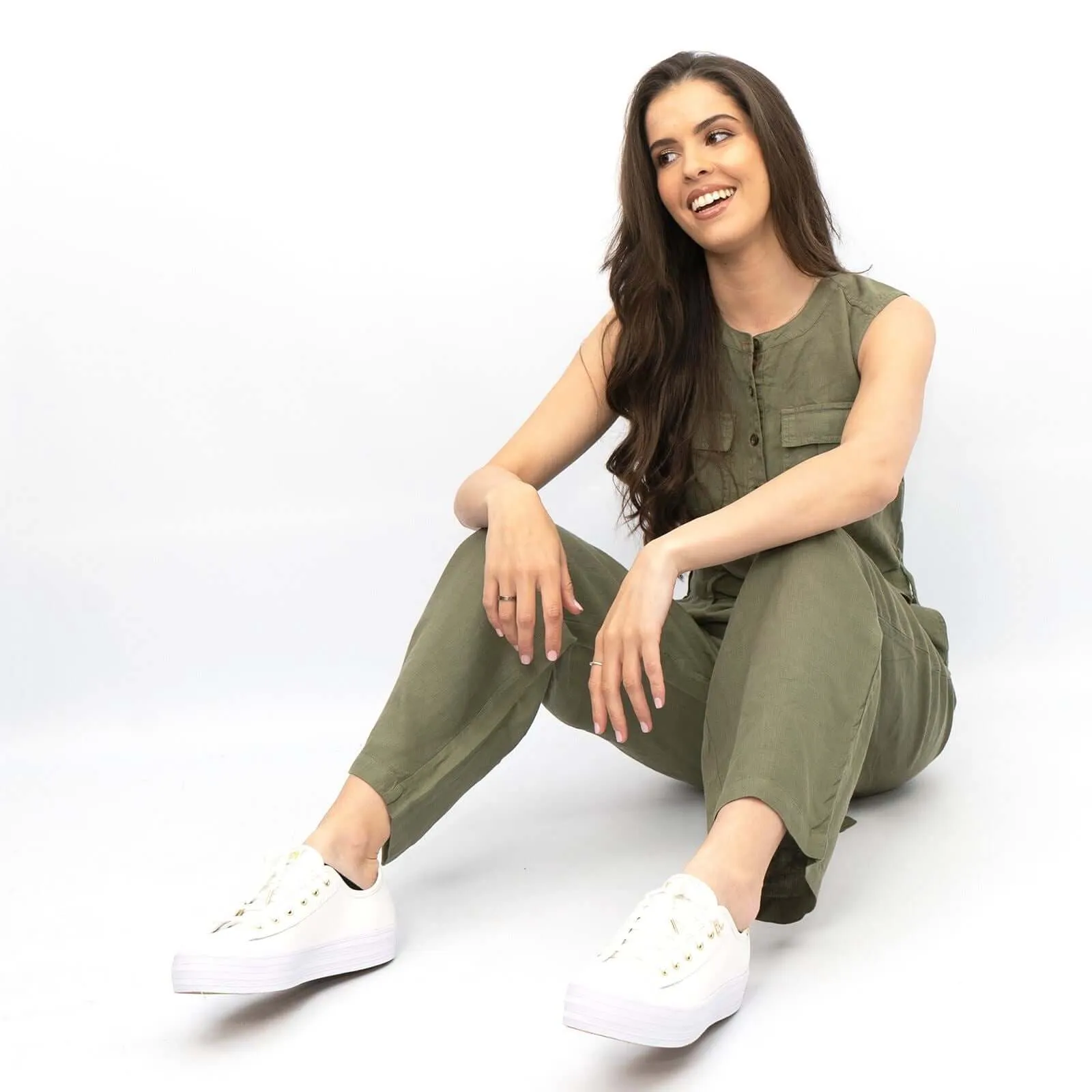 White Stuff Sleeveless Khaki Linen Wide Leg Summer Jumpsuit