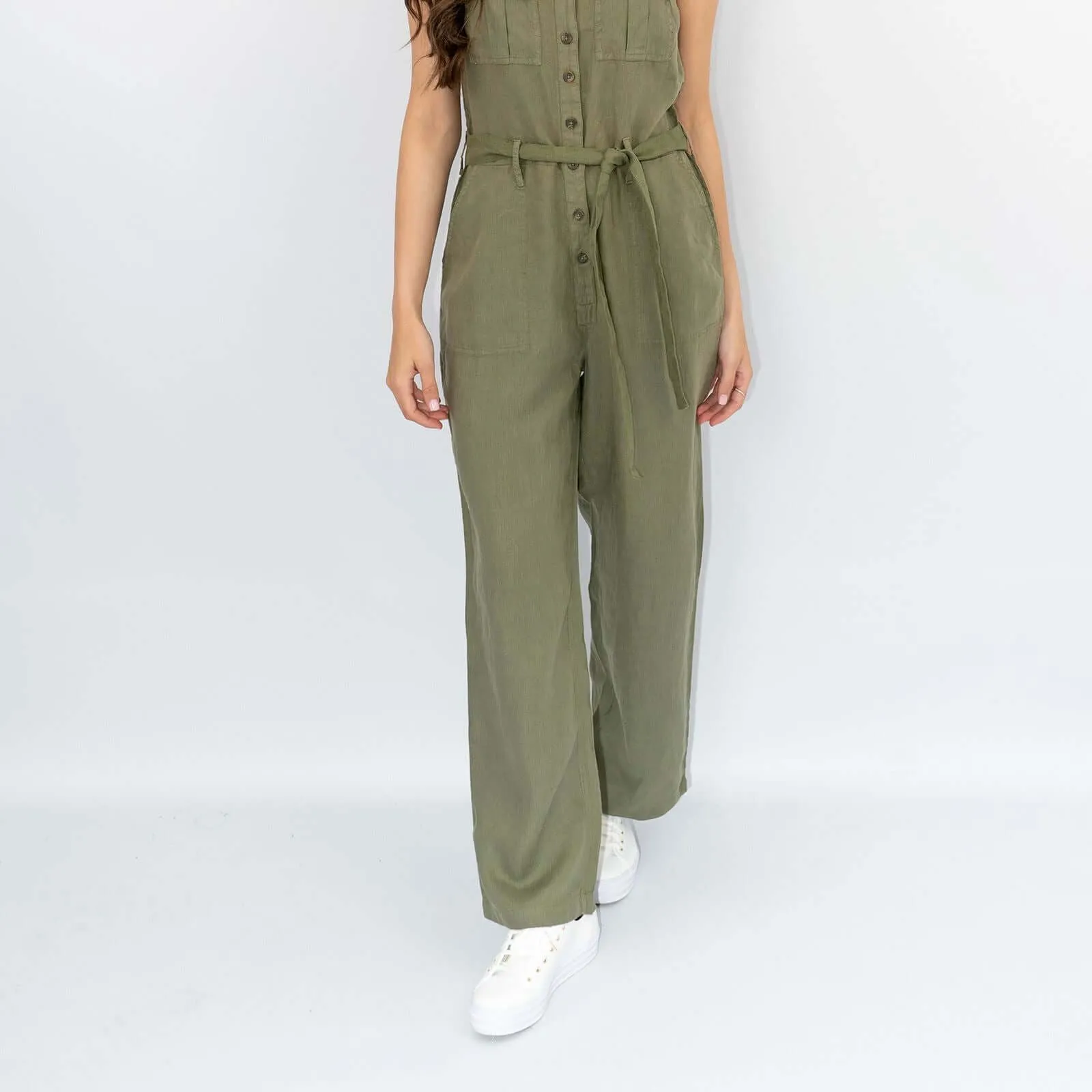 White Stuff Sleeveless Khaki Linen Wide Leg Summer Jumpsuit