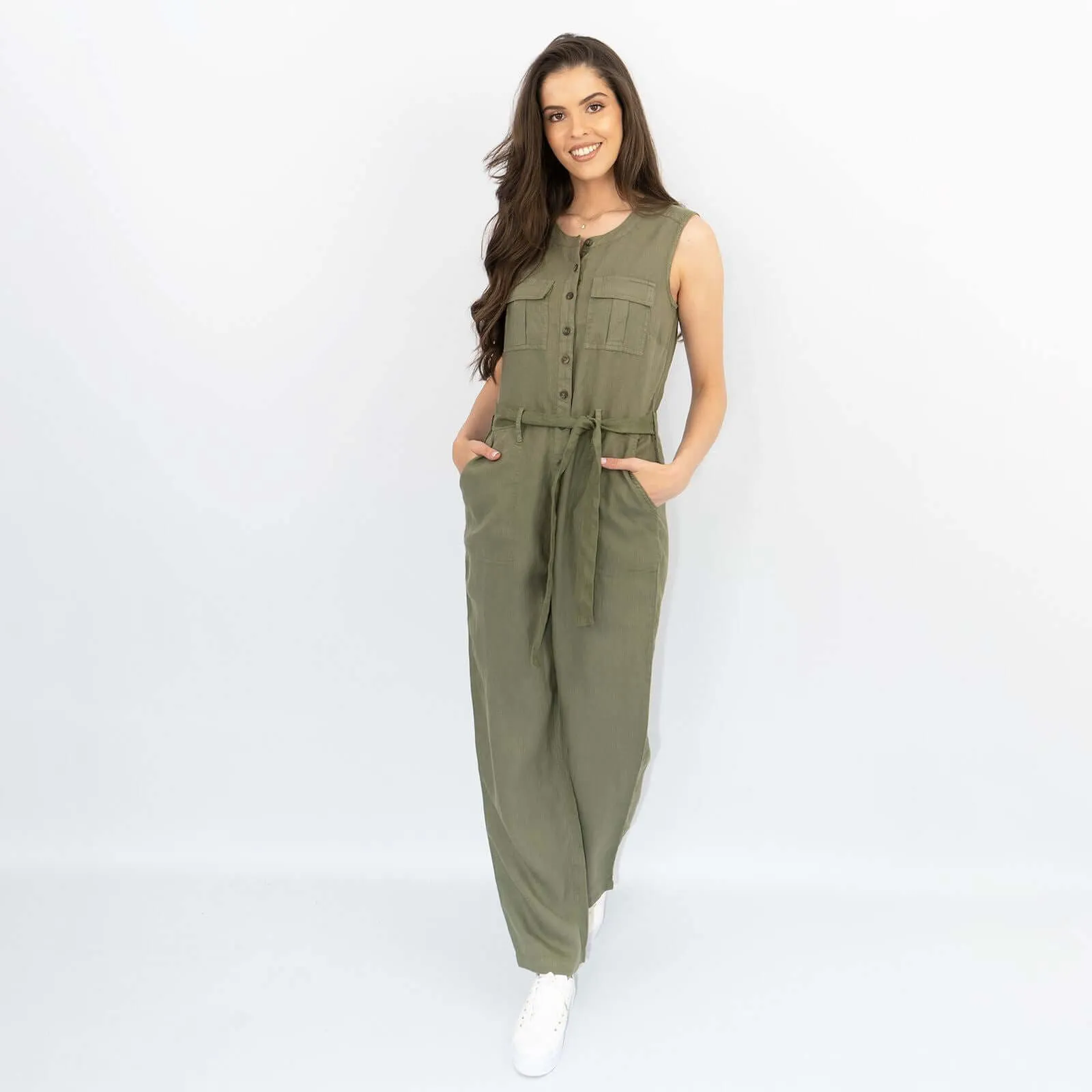 White Stuff Sleeveless Khaki Linen Wide Leg Summer Jumpsuit