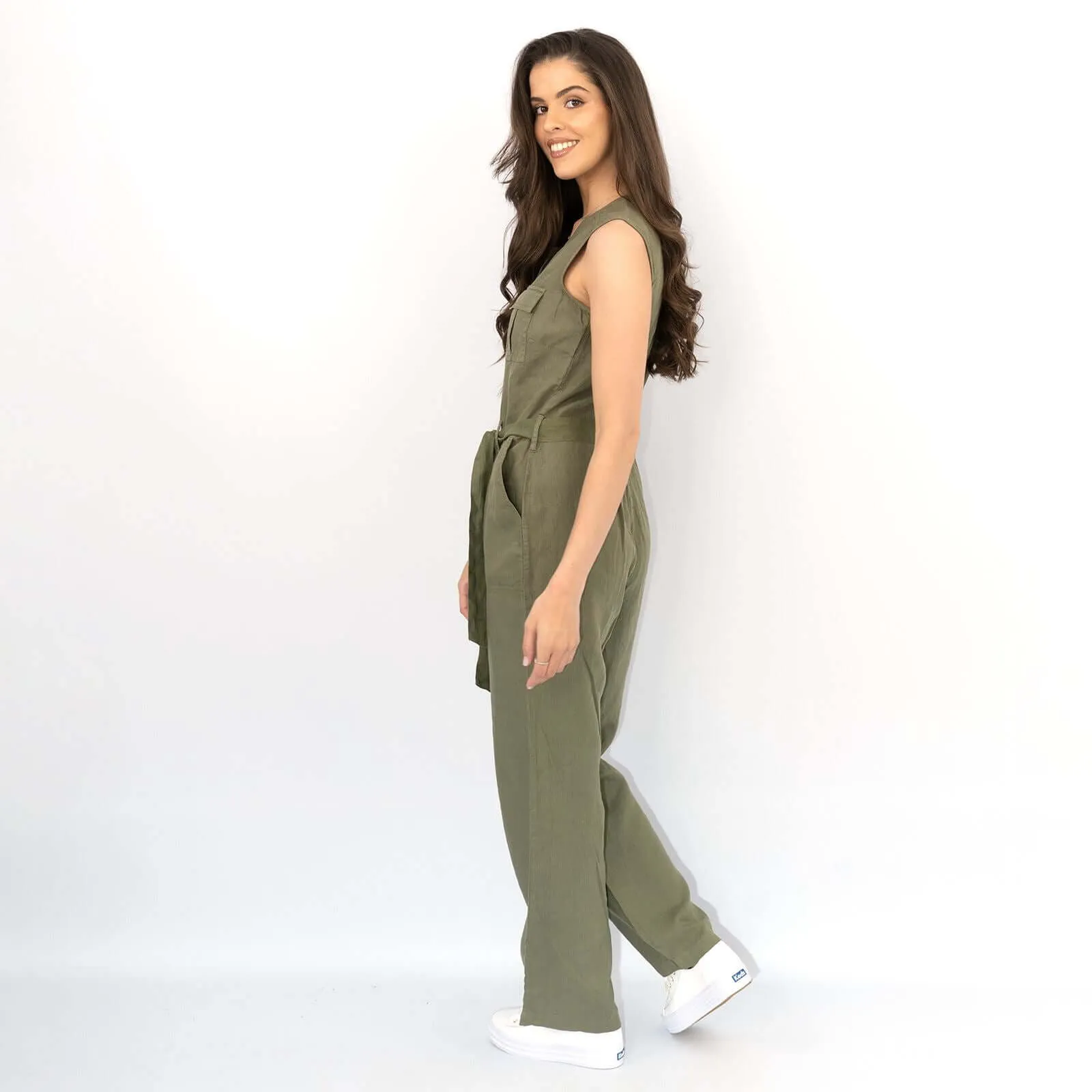 White Stuff Sleeveless Khaki Linen Wide Leg Summer Jumpsuit