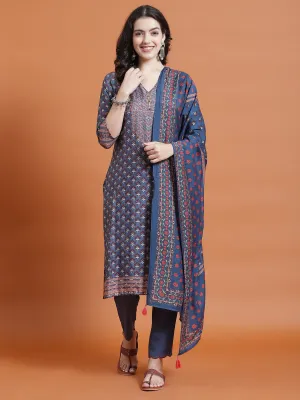 Women Blue Floral Print Kurta Trouser Dupatta