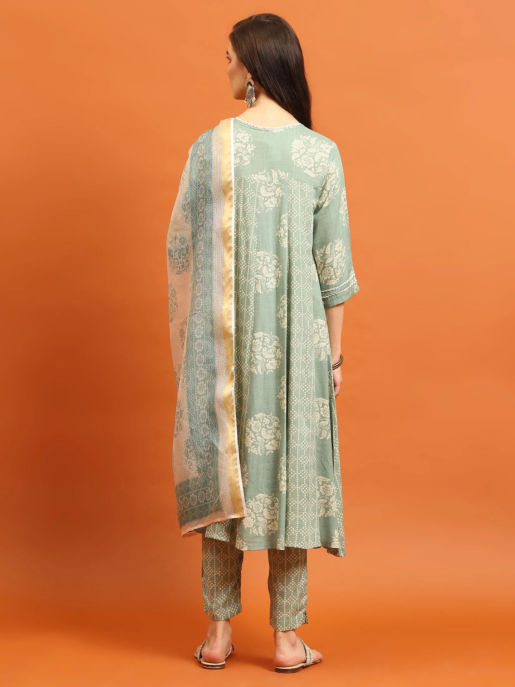 Women Green Round Neck Kurta Trouser Dupatta