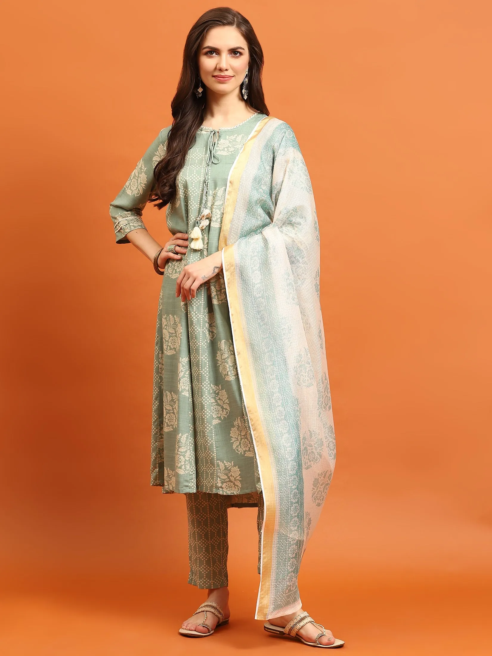 Women Green Round Neck Kurta Trouser Dupatta