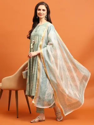 Women Green Round Neck Kurta Trouser Dupatta
