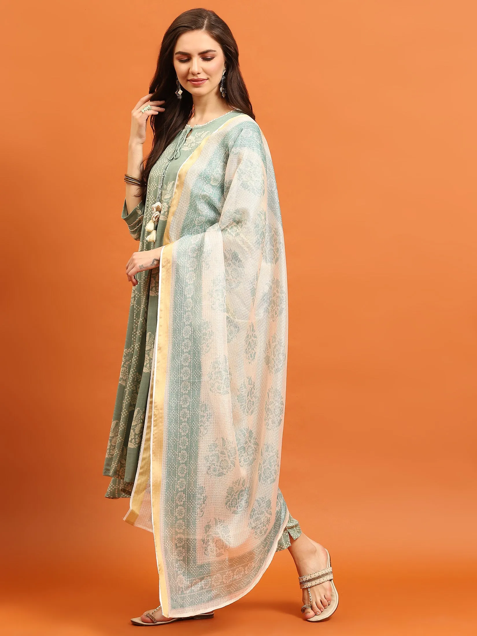Women Green Round Neck Kurta Trouser Dupatta