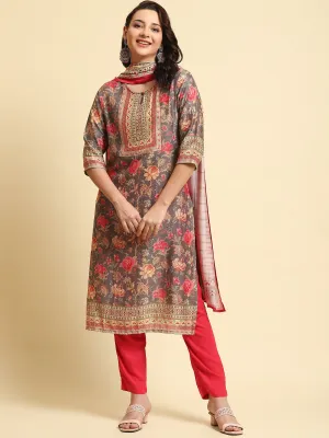 Women Grey Floral Print Kurta Trouser Dupatta