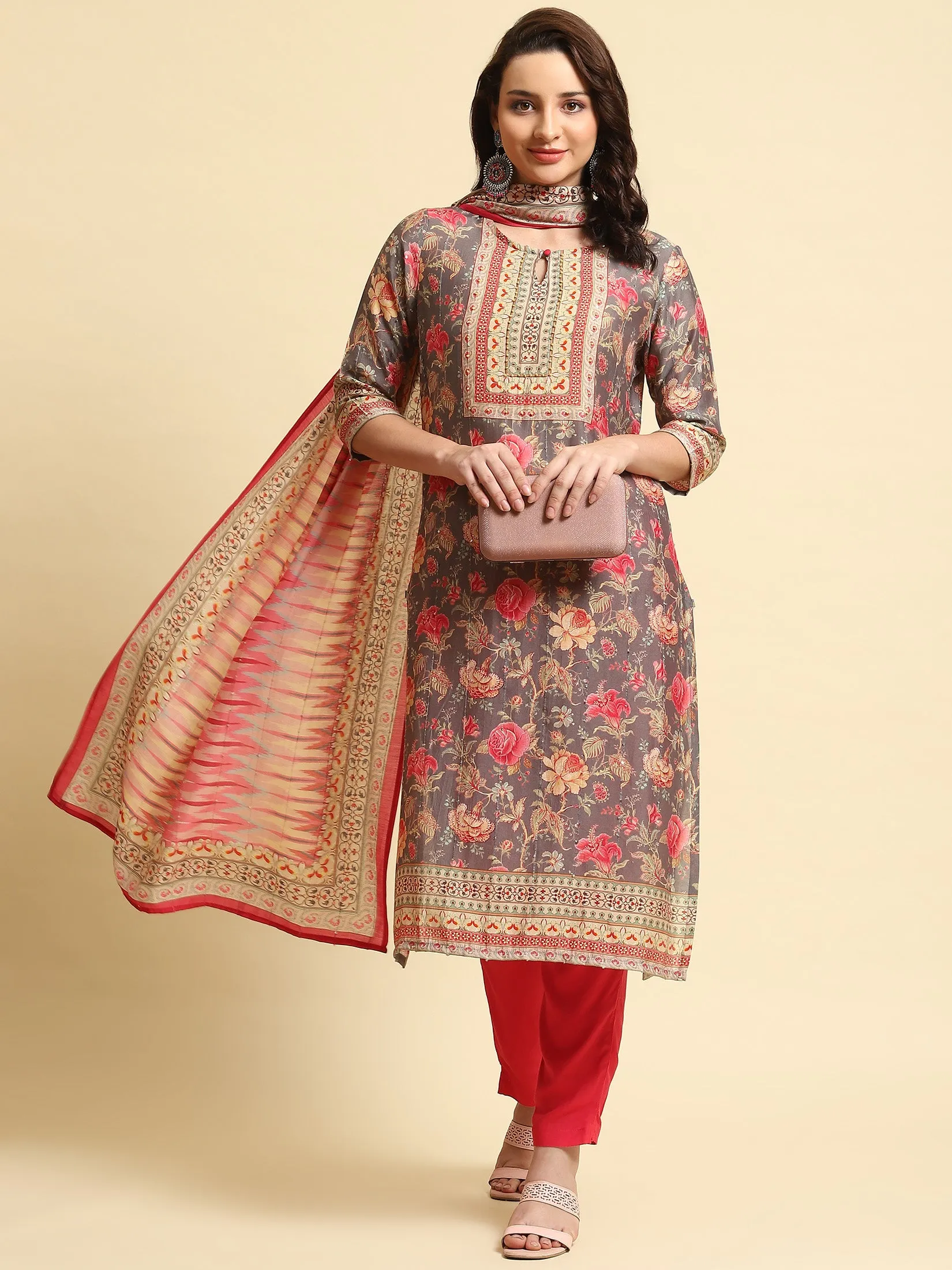 Women Grey Floral Print Kurta Trouser Dupatta