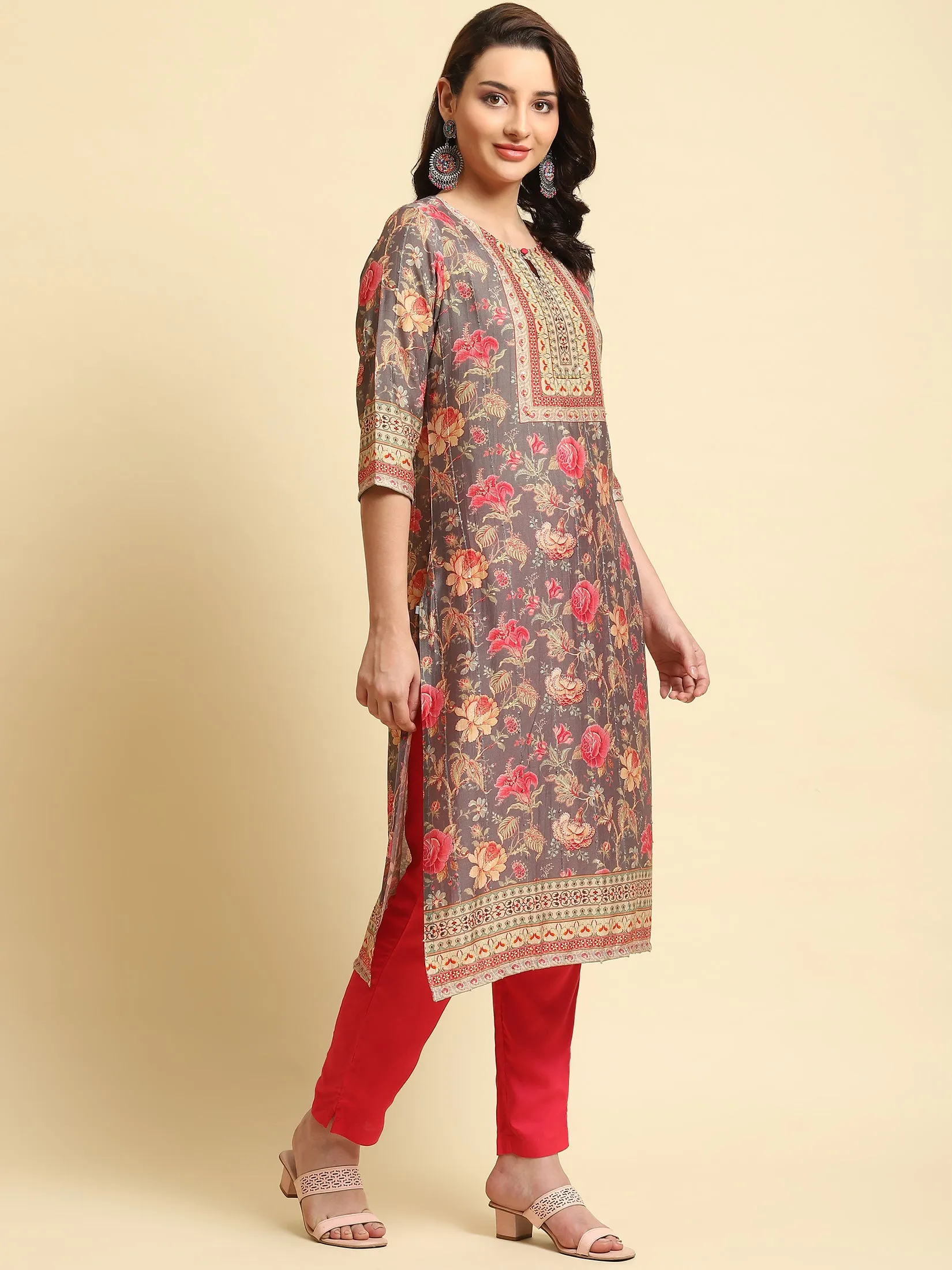 Women Grey Floral Print Kurta Trouser Dupatta
