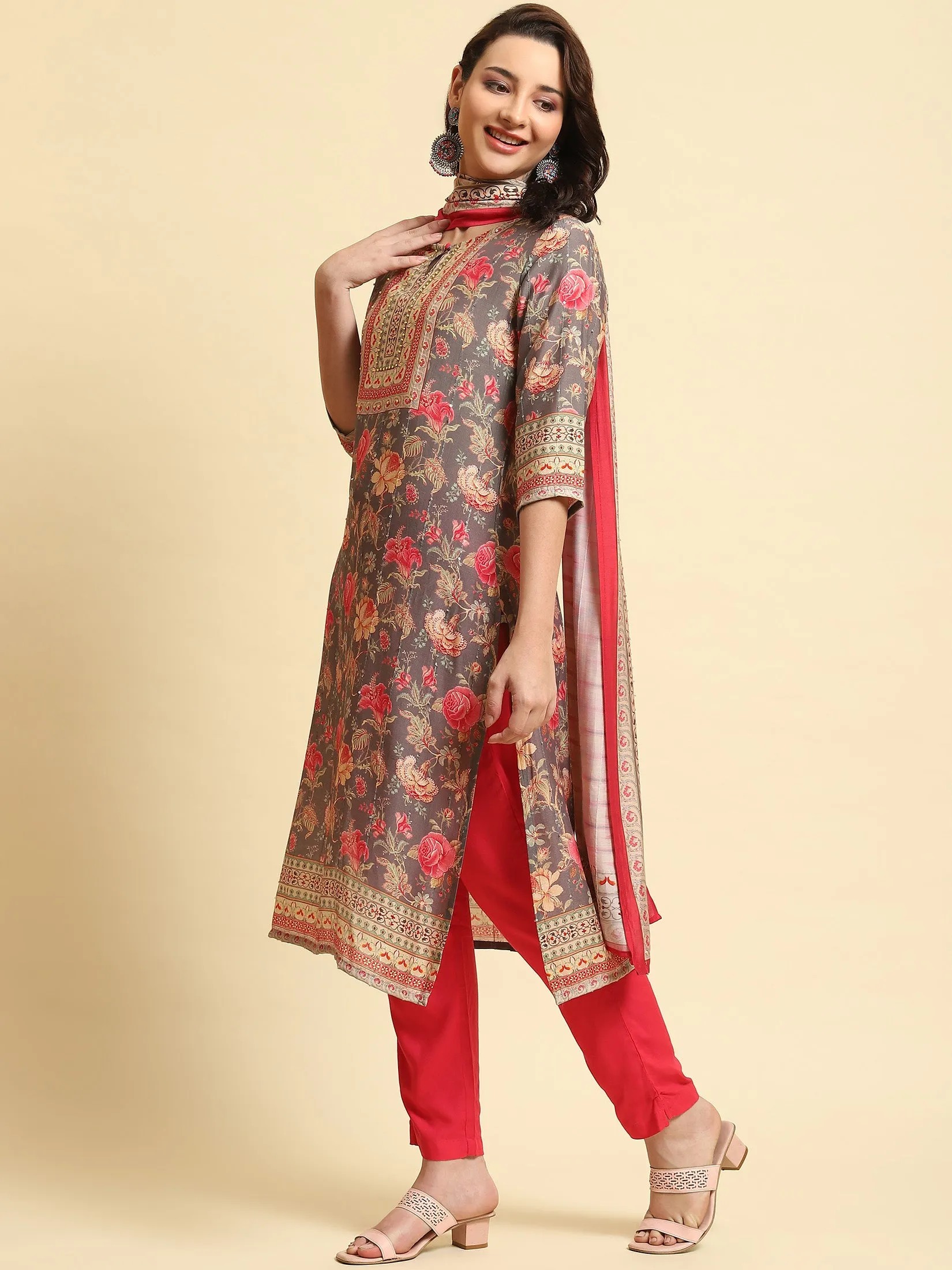 Women Grey Floral Print Kurta Trouser Dupatta