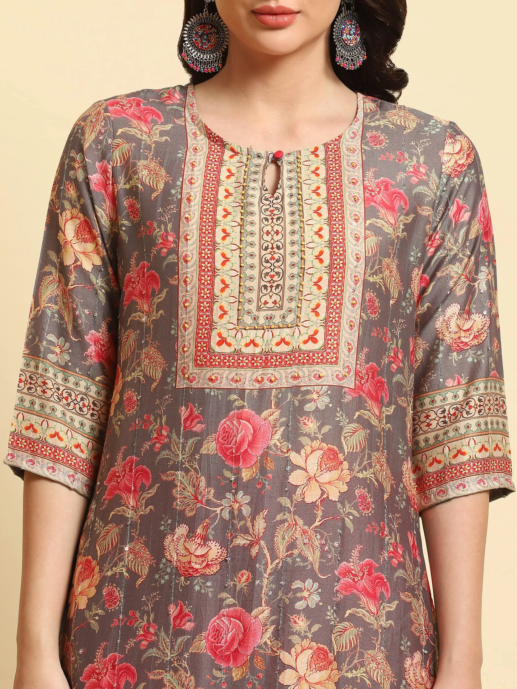 Women Grey Floral Print Kurta Trouser Dupatta
