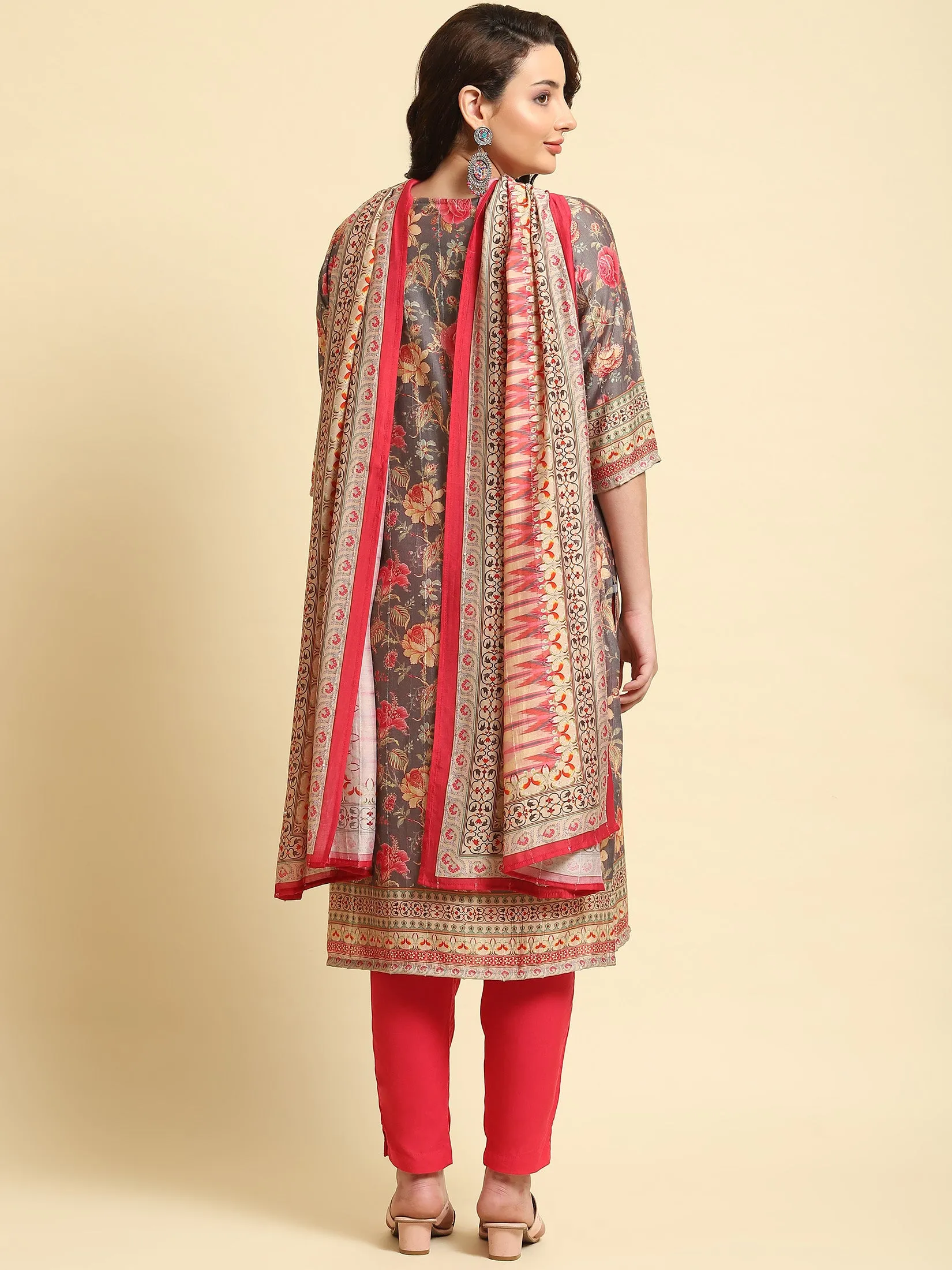 Women Grey Floral Print Kurta Trouser Dupatta