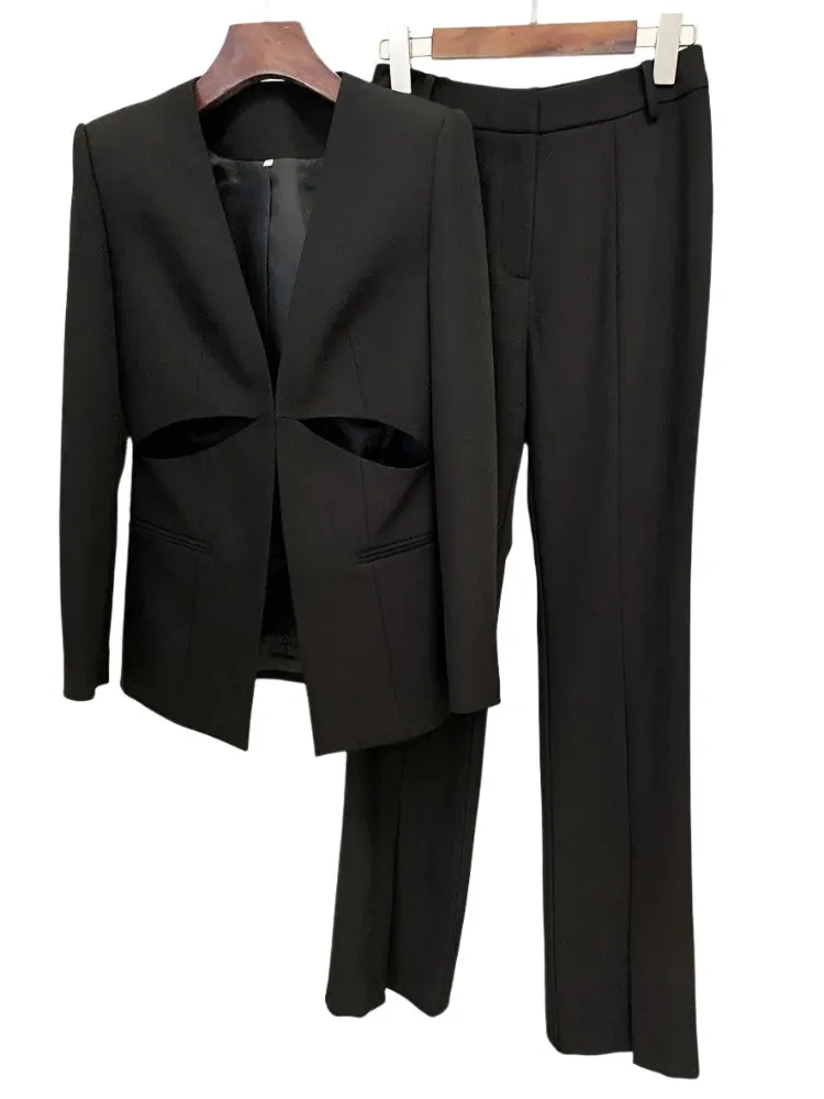 Women Pant Suit - Collarless Blazer - Slit Trouser Suit