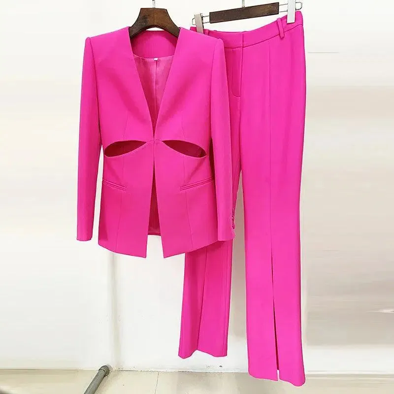 Women Pant Suit - Collarless Blazer - Slit Trouser Suit