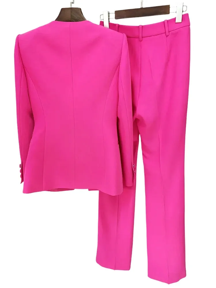 Women Pant Suit - Collarless Blazer - Slit Trouser Suit