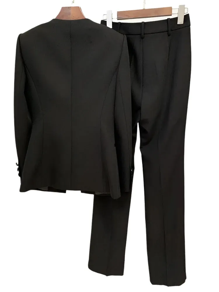 Women Pant Suit - Collarless Blazer - Slit Trouser Suit