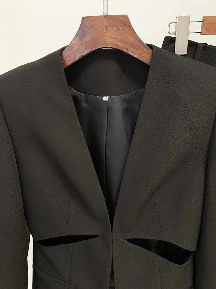 Women Pant Suit - Collarless Blazer - Slit Trouser Suit