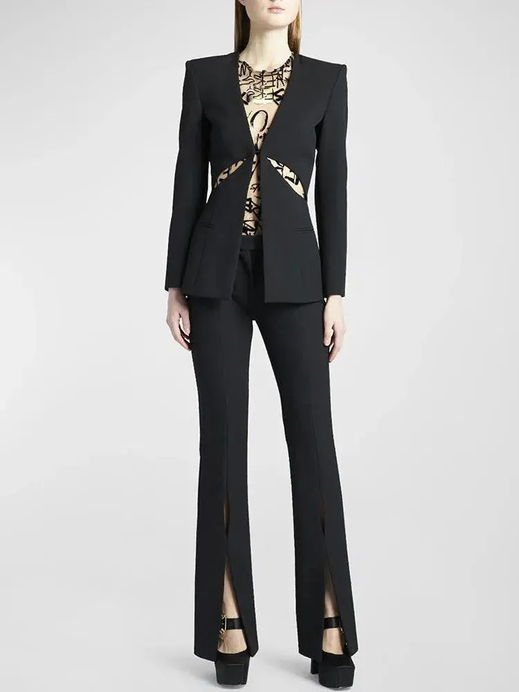 Women Pant Suit - Collarless Blazer - Slit Trouser Suit