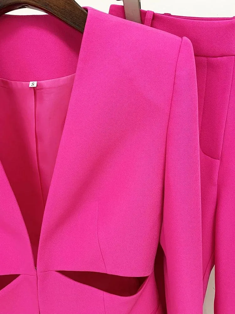 Women Pant Suit - Collarless Blazer - Slit Trouser Suit