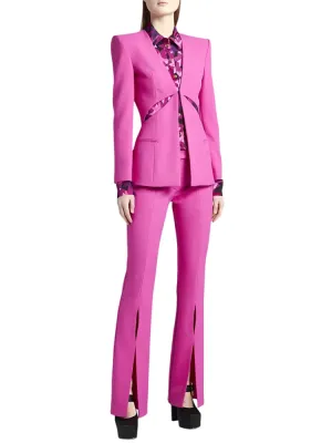 Women Pant Suit - Collarless Blazer - Slit Trouser Suit