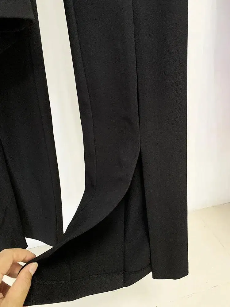 Women Pant Suit - Collarless Blazer - Slit Trouser Suit