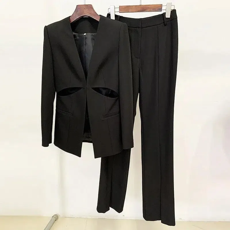 Women Pant Suit - Collarless Blazer - Slit Trouser Suit